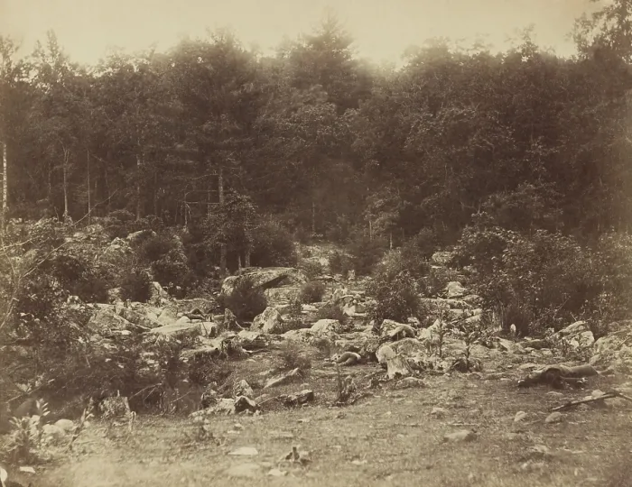 Framed Print : US Civil War. Battle of Gettysburg, July 1-3, 1863. The Slaughter Pen, was a rocky area between the Round Tops, at the far left Union battle line Framed Print : US Civil War. Battle of Gettysburg, July 1-3, 1863. The Slaughter Pen, was a rocky area between the Round Tops, at the far left Union battle line