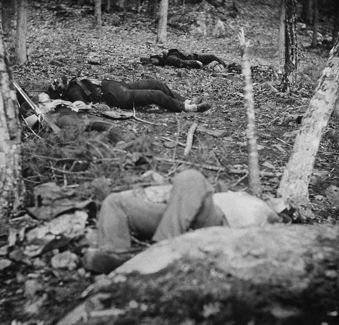 Framed Print : US Civil War. Battle of Gettysburg, July 1-3, 1863. Four Confederate dead soldiers in the woods near Big Round Top, named The Slaughter Pen Framed Print : US Civil War. Battle of Gettysburg, July 1-3, 1863. Four Confederate dead soldiers in the woods near Big Round Top, named The Slaughter Pen