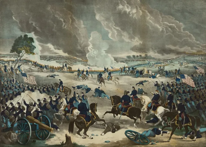 Framed Print : US Civil War. Battle of Gettysburg, July 1-3, 1863. Ranks of Union troops advance from the right, following others, toward a long battle line extending over rolling hills Framed Print : US Civil War. Battle of Gettysburg, July 1-3, 1863. Ranks of Union troops advance from the right, following others, toward a long battle line extending over rolling hills