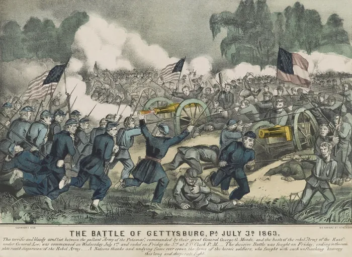 Framed Print : US Civil War. Battle of Gettysburg, July 1-3, 1863. Popular print for Northern audiences depicts Union soldiers in a running charge against Confederate soldiers and artillery