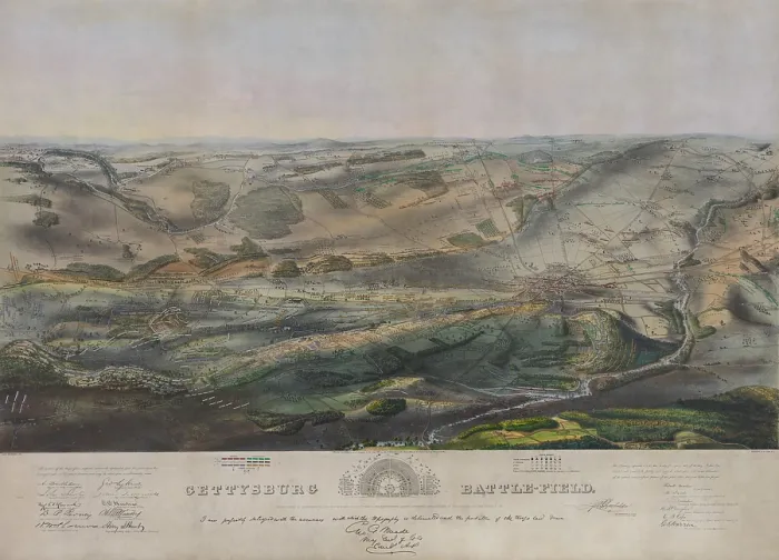 Framed Print : US Civil War. Battle of Gettysburg, July 1-3, 1863. Bird's-eye view of Gettysburg battlefield, showing positions of Union and Confederate armies during the battle