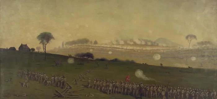 Framed Print : US Civil War. Battle of Gettysburg, July 3, 1863. Distant view of Pickett's charge on the Union center at Ziegler's Grove, about 3 PM