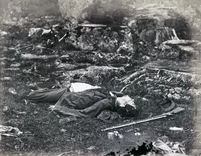 Framed Print : The Civil War. The Battle of Gettysburg. A sharpshooter's last sleep, Gettysburg, Pennsylvania. Alex Gardner, photographer