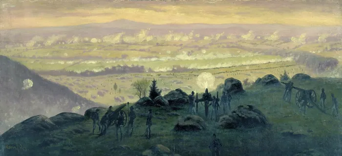 Framed Print : The Civil War. The Battle of Gettysburg. View from the summit of Little Round Top at 7:30 P.M. July 3rd, 1863 oil on paper by Edwin Forbes Framed Print : The Civil War. The Battle of Gettysburg. View from the summit of Little Round Top at 7:30 P.M. July 3rd, 1863 oil on paper by Edwin Forbes