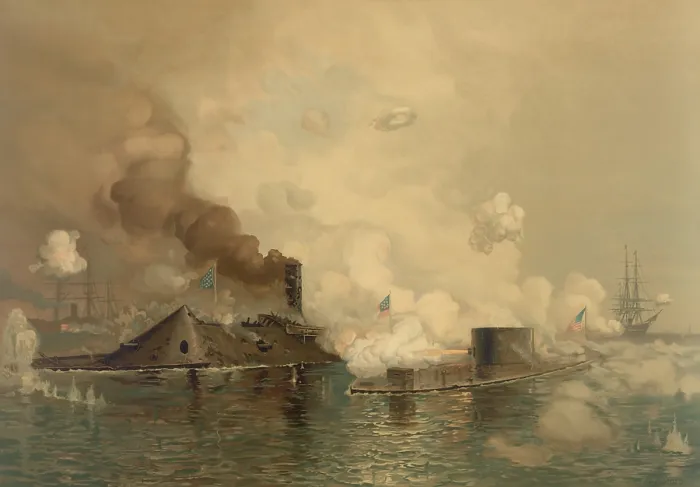 Framed Print : US Civil War, Battle of Hampton Roads, on March 9, 1862, the first engagement between ironclad gunboats Framed Print : US Civil War, Battle of Hampton Roads, on March 9, 1862, the first engagement between ironclad gunboats