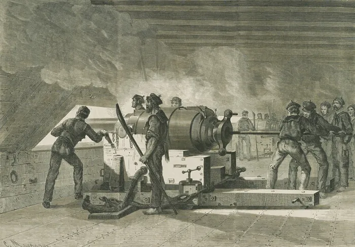 Framed Print : US Civil War, Battle of Hampton Roads, March 9, 1862, the first engagement between ironclad gunboats