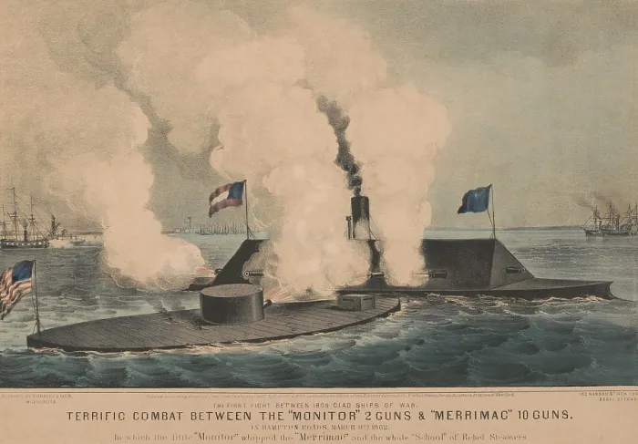 Framed Print : US Civil War, Battle of Hampton Roads, on March 9, 1862, the first engagement between ironclad gunboats