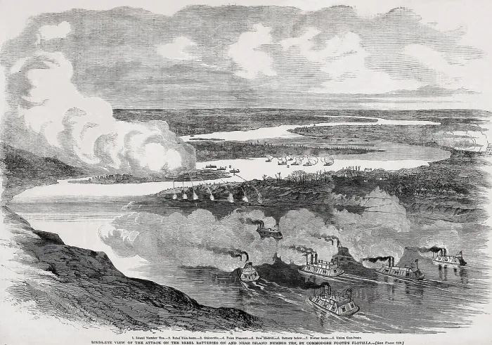 Framed Print : US Civil War, Battle of Island Number Ten, on the Mississippi River, Feb. 28-April 8, 1862. Union navy attacks the Confederate batteries on the island