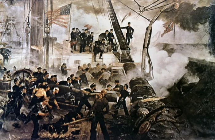 Framed Print : US Civil War. Battle of Mobile Bay, Aug. 5, 1864. Admiral Farragut's flagship, USS Hartford, fighting the CSS Tennessee