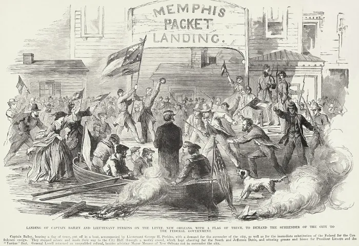 Framed Print : US Civil War. Battle of New Orleans, April 28, 1862. Union naval officers, Capt. Bailey and Lt. Perkins, are met by a hostile crowd when seeking the surrender of New Orleans