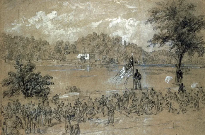Framed Print : The Civil War. The battle of Shepherdstown, West Virginia. Ford near Shepherdstown, on the Potomac. Pickets firing across the river. September, 1862. Drawing by Alfred Waud. 1862 Framed Print : The Civil War. The battle of Shepherdstown, West Virginia. Ford near Shepherdstown, on the Potomac. Pickets firing across the river. September, 1862. Drawing by Alfred Waud. 1862