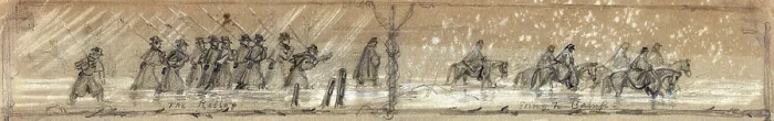 Framed Print : The Civil War. The battle of Shepherdstown, West Virginia. Ford near Shepherdstown, on the Potomac. Pickets firing across the river. September, 1862. Drawing by Alfred Waud. 1862