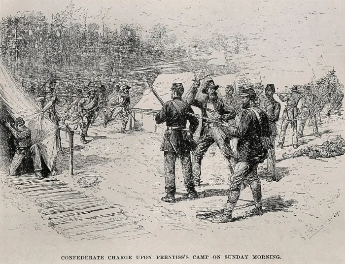 Framed Print : US Civil War, Battle of Shiloh, also called the Battle of Pittsburg Landing, Tennessee, April 6-7, 1862. It began early Sunday morning, with a Confederate surprise attack on Gen