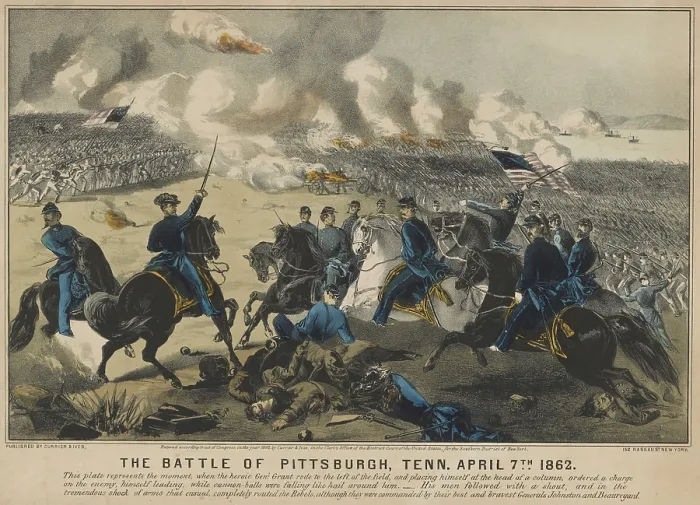 Framed Print : US Civil War, Battle of Shiloh, also called the Battle of Pittsburg Landing, Tennessee, April 6-7, 1862. This popular print incorrectly purports that Gen Framed Print : US Civil War, Battle of Shiloh, also called the Battle of Pittsburg Landing, Tennessee, April 6-7, 1862. This popular print incorrectly purports that Gen