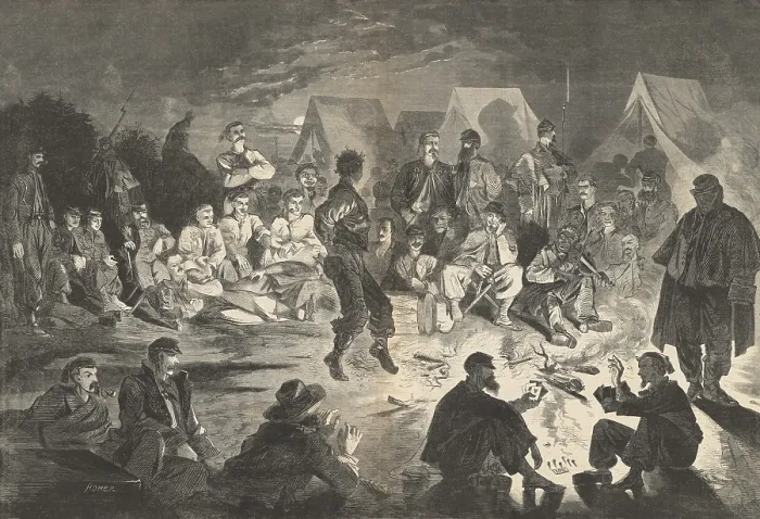 Framed Print : US Civil War. BIVOUAC FIRE ON THE POTOMAC, Harper's Weekly wood engraving after a drawing by Winslow Homer