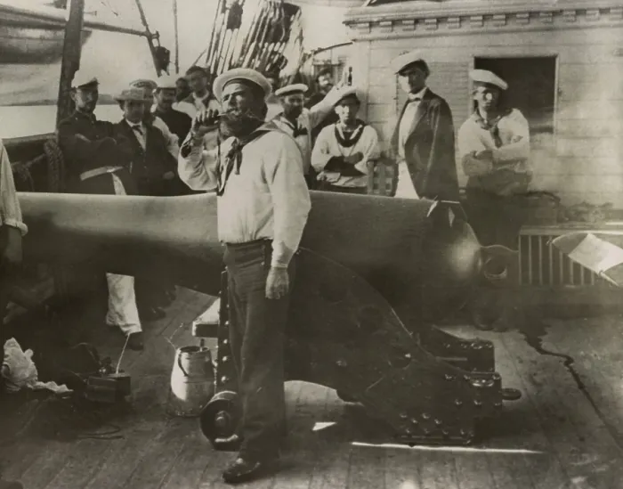 Framed Print : US Civil War. Boatswain piping near a large cannon on deck of a Union warship, 1861-65 Framed Print : US Civil War. Boatswain piping near a large cannon on deck of a Union warship, 1861-65