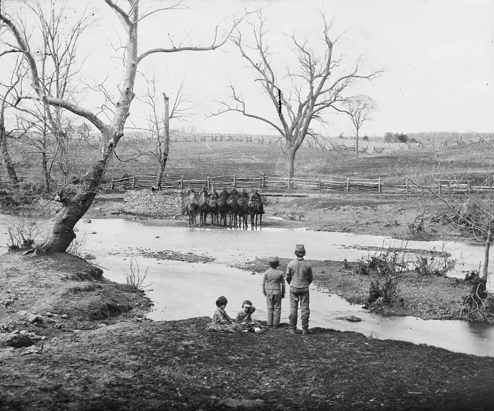 Framed Print : The Civil War, Bull Run, Virginia, Federal cavalry at Sudley Ford, photograph from the main eastern theater of war, First Bull Run, from glass negative, by George N