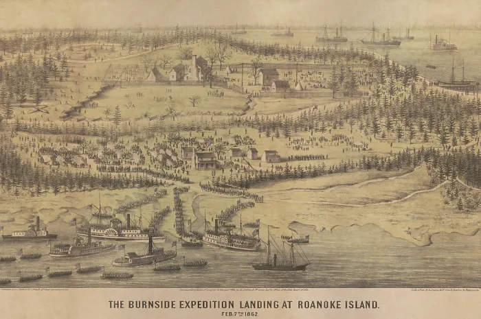 Framed Print : US Civil War, Burnside expedition landed at Roanoke Island, North Carolina, Feb. 7, 1862. Union soldiers disembark from riverboats converted into troop transports Framed Print : US Civil War, Burnside expedition landed at Roanoke Island, North Carolina, Feb. 7, 1862. Union soldiers disembark from riverboats converted into troop transports