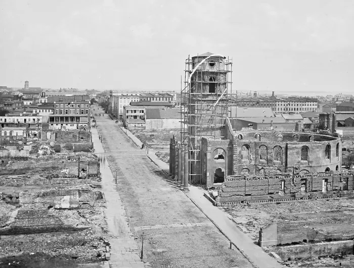 Framed Print : The Civil War. Charleston, S.C. View from roof of the Mills House, looking up Meeting Street; ruins of the Circular Church in center. April 1865