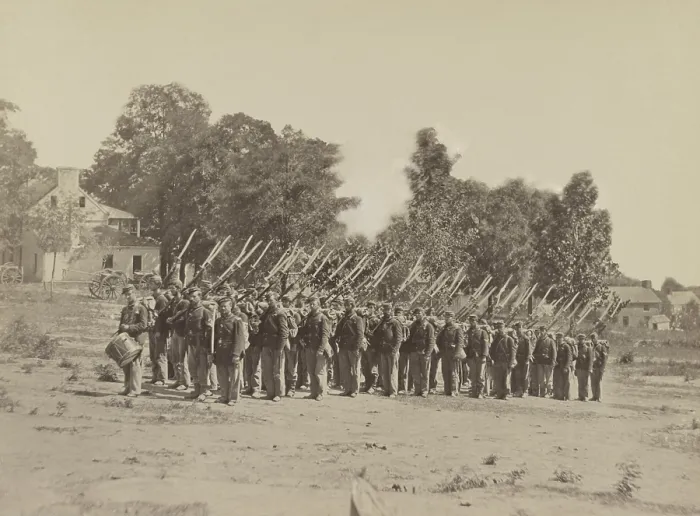 Framed Print : US Civil War. Company G, 22d New York State Militia drills near Harpers Ferry, Virginia in 1862 (BSLOC_2018_8_157)