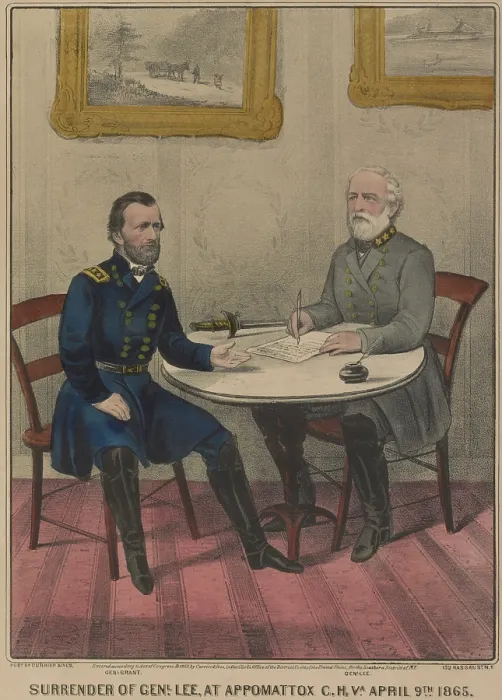 Framed Print : US Civil War. Confederate Gen. Robert E. Lee surrendered to Union Gen. Ulysses Grant in the McLeans House, at Appomattox, Virginia, April 9, 1865