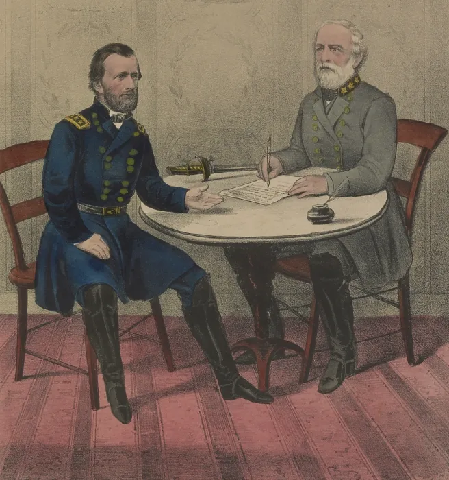 Framed Print : US Civil War. Confederate Gen. Robert E. Lee surrendered to Union Gen. Ulysses Grant in the McLeans House, at Appomattox, Virginia, April 9, 1865