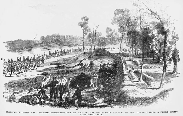 Framed Print : US Civil War, Corinth, Mississippi. Union cavalry pursues retreating Confederates, circa June 1, 1862. Confederate Gen