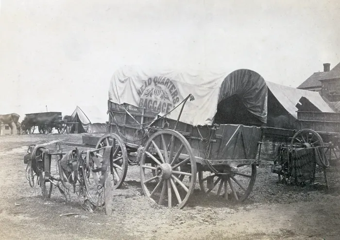 Framed Print : The Civil War. Covered wagon for 'Headquarters baggage' and saddlery. 1865