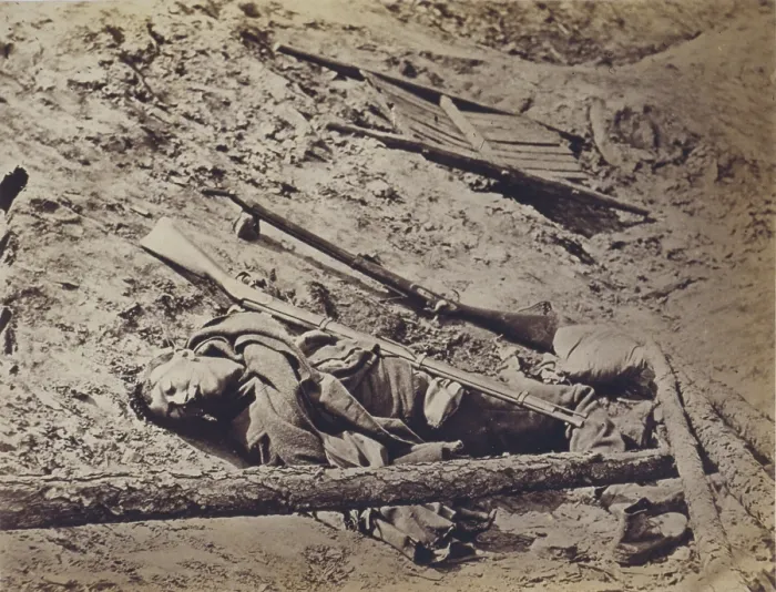 Framed Print : The Civil War, dead Confederate soldier lying in a trench, Petersburg, Virginia, April 3, 1865