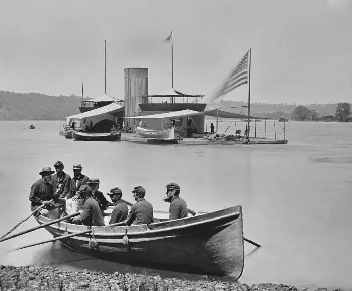 Framed Print : US Civil War, double turreted monitor, USS Onondaga, on the James River, Virginia, 1864. She was a Canonicus class ship, that was more seaworthy than previous monitors