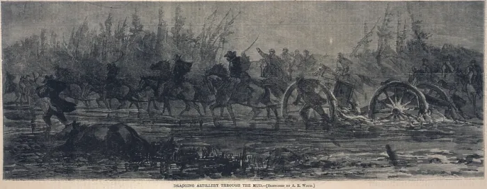 Framed Print : The Civil War. Dragging artillery through the mud, mounted cavalry pull artillery pieces through muddy ground. Engraving based on a drawing by Alfred Waud. March, 1864 Framed Print : The Civil War. Dragging artillery through the mud, mounted cavalry pull artillery pieces through muddy ground. Engraving based on a drawing by Alfred Waud. March, 1864
