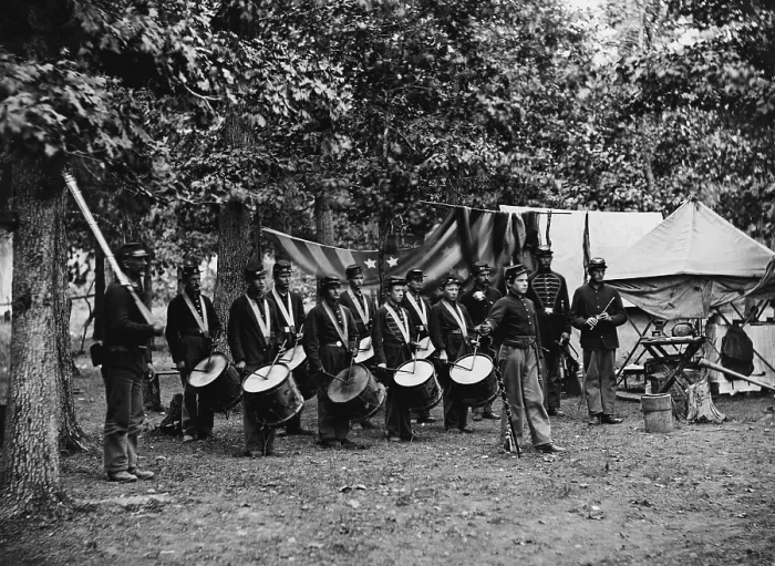Framed Print : US Civil War. The Drum corps of the 93rd New York Infantry, served with General Meade at Bealeton, Virginia, August 1863. Photo by Timothy H. O'Sullivan (BSLOC_2018_8_164)