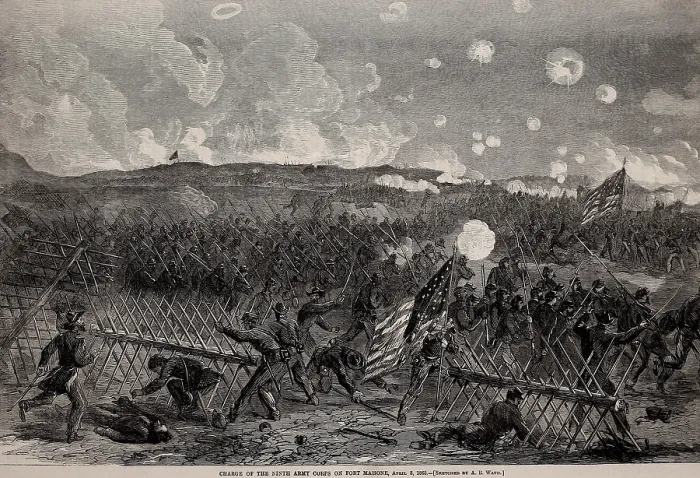 Framed Print : US Civil War. The Fall of Petersburg and Richmond, March 26-April 2. Union 9th Army Corps charge on Fort Mahone, at the Petersburg frontline, April 2, 1865