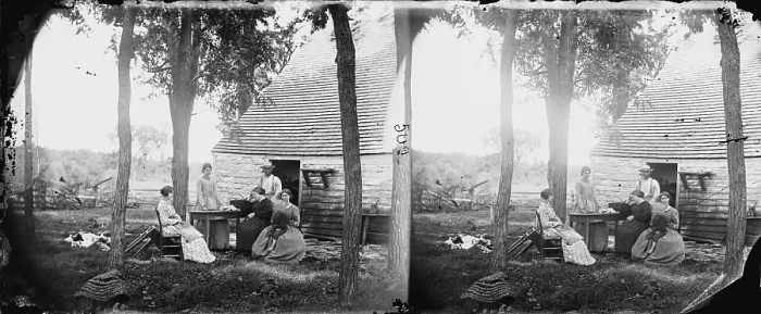 Framed Print : The Civil War, family group before the house in which Confederate General Charles S. Winder, died, Cedar Mountain, Virginia, stereo photograph by Timothy H