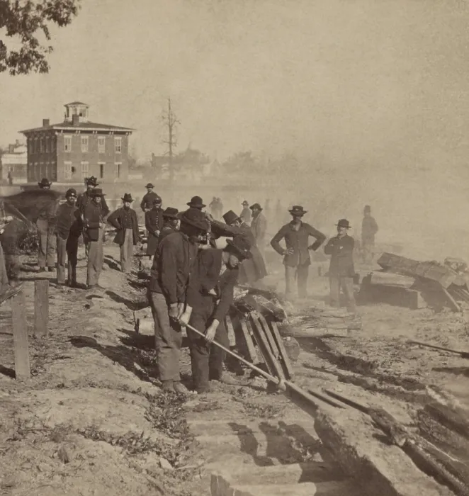 Framed Print : US Civil War. Federal occupation of Atlanta, Georgia, Sept. 2 - Nov. 15, 1864, Union Army of Gen. William Sherman, destroy the railroad before evacuation of Atlanta, Oct.-Nov