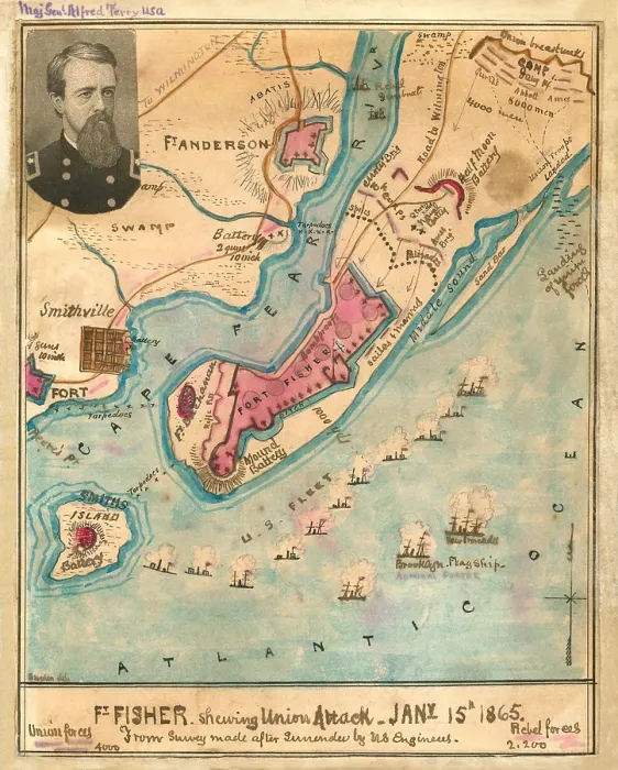 Framed Print : US Civil War. Fort fisher Expedition, Dec. 8, 1864 - Jan. 15, 1865. The map shows the Confederate artillery positions protected behind earthen mounds Framed Print : US Civil War. Fort fisher Expedition, Dec. 8, 1864 - Jan. 15, 1865. The map shows the Confederate artillery positions protected behind earthen mounds