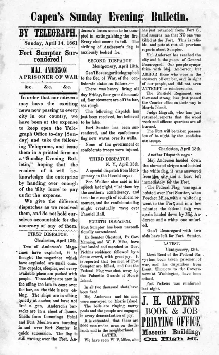 Framed Print : The Civil War, Fort Sumpter surrendered! Newspaper headline announcing the beginning of the Civil War. April 14, 1861 Framed Print : The Civil War, Fort Sumpter surrendered! Newspaper headline announcing the beginning of the Civil War. April 14, 1861