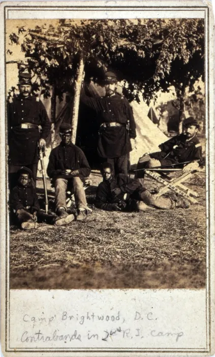 Framed Print : The Civil War. Freed slaves ('contrabands') in the camp of the 2nd Regt. Rhode Island Volunteer Infantry. Washington, DC. cabinet card ca. 1861-1864