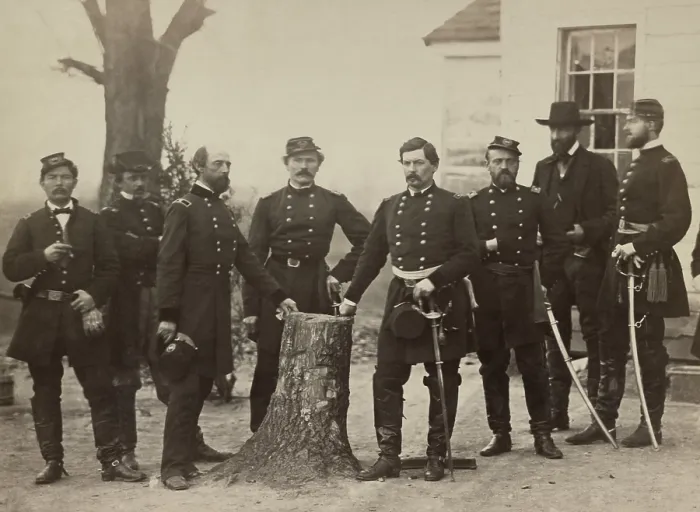 Framed Print : US Civil War General, George B. McClellan with his staff and dignitaries in March 1862. L-R: Gen. George W. Morell; Lt. Col. A.V. Colburn; Gen. McClellan; Lt. Col. N.B