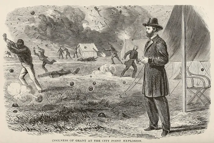 Framed Print : US Civil War. General Ulysses Grant at the City Point Explosion when a Confederate saboteur's time bomb killed 58 people, on August 9, 1864 Framed Print : US Civil War. General Ulysses Grant at the City Point Explosion when a Confederate saboteur's time bomb killed 58 people, on August 9, 1864