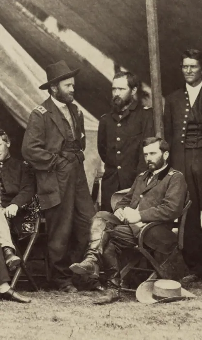 Framed Print : US Civil War. General Ulysses Grant is at left. Seated is Lt. Col. Orville Babcock, his future White House secretary, a role equivalent to present Chief of Staff