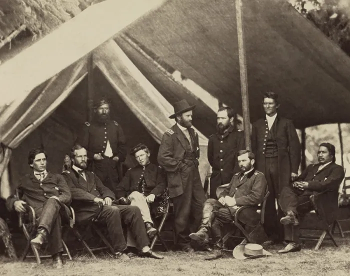 Framed Print : US Civil War. General Ulysses Grant and his staff, at their City Point Headquarters, Virginia, in summer 1864. Left to right: Brig. Gen. John Rawlings; Lt. Col Framed Print : US Civil War. General Ulysses Grant and his staff, at their City Point Headquarters, Virginia, in summer 1864. Left to right: Brig. Gen. John Rawlings; Lt. Col