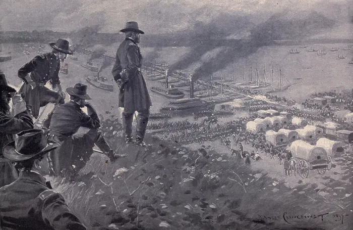 Framed Print : US Civil War. General Ulysses Grant and five of his staff observing the Union Army cross the James River at Deep Bottom