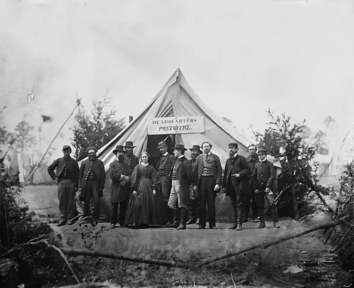 Framed Print : The Civil War, group in front of post office tent at Army of the Potomac headquarters, Falmouth, Virginia, photograph by Timothy H. O'Sullivan, April, 1863