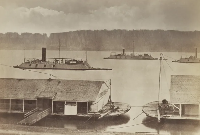 Framed Print : US Civil War. Gunboats, USS DeKalb, Mound City, and Cincinnati, of the Union Mississippi River Fleet, c. 1862-64 (BSLOC_2018_8_72)