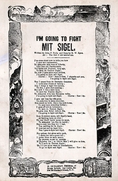 Framed Print : The Civil War, I'm Going to Fight Mit Sigel. Sheet music celebrating the German immigrant support of the Union under General Sigel. In German dialect. ca. 1861-1862