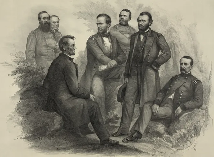 Framed Print : US Civil War. Imagined scene of President Abraham Lincoln sitting on a rock talking with his victorious commanders. From left: Adm. David Porter, Adm Framed Print : US Civil War. Imagined scene of President Abraham Lincoln sitting on a rock talking with his victorious commanders. From left: Adm. David Porter, Adm