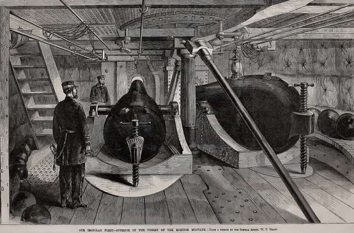 Framed Print : US Civil War, interior of the turret of Union ironclad monitor USS Montauk, with two Dahlgren cannons in 1864 Framed Print : US Civil War, interior of the turret of Union ironclad monitor USS Montauk, with two Dahlgren cannons in 1864