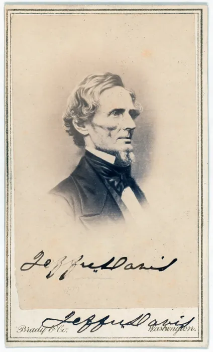 Framed Print : The Civil War. Jefferson Davis, president of the CSA, carte de visite signed by Davis. ca. 1862 - 1865. Mathhew Brady Studio