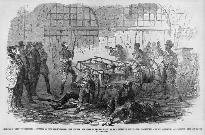 Framed Print : The Civil War. John Brown's raid on Harpers Ferry. Brown and fellow raiders trapped in the engine house, now known as John Brown's Fort. Harpers Ferry Armory, 1859